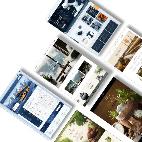 Eine von oben nach unten geneigte Aufnahme zeigt eine Sammlung von Website-Modellen, die auf einem weißen Hintergrund angeordnet sind. Die Modelle sind geneigt und übereinander angeordnet, wodurch eine dynamische und visuell interessante Komposition entsteht. Jedes Modell zeigt ein anderes Website-Design mit einer Vielzahl von Themen und Inhalten.
Oben links ist eine Website mit dunklem Design, einem Roboterarm und einem rasterartigen Bildlayout zu sehen. Rechts davon ist teilweise eine Website mit hellerem Design und natürlichen Bildern zu sehen, möglicherweise ein Reise- oder Naturblog.
Darunter dominiert links unten ein Modell mit einer Stadtkulisse, einem gelben Taxi und einer Kartenoberfläche. Daneben ist eine Website mit einer ruhigen Innenaufnahme, einem Fenster mit Blick auf einen bewölkten Himmel und kleineren Bildern mit Naturmotiven zu sehen.
Weiter rechts wird eine weitere Website mit einer warmen, erdigen Farbpalette und Bildern von Lebensmitteln und Pflanzen präsentiert. In der unteren Mitte ist teilweise eine Website mit einem skurrilen, illustrierten Waldthema zu sehen.
Der Gesamteindruck ist der einer vielfältigen Auswahl an Webdesign-Projekten, die auf übersichtliche und dennoch visuell ansprechende Weise präsentiert werden. Die Beleuchtung ist weich und gleichmäßig und hebt die Details jedes Mockups ohne harte Schatten hervor.