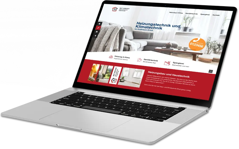 Ein silberner Laptop wird aus einem leicht erhöhten Seitenwinkel gezeigt, auf seinem Bildschirm ist eine Website zu sehen. Die Website hat ein modernes Design mit einer Farbgebung in Weiß und Rot. Die Kopfzeile enthält ein Logo und Navigationslinks für „Heizung & Klima“, „Sanitärtechnik“, „Spenglerei“ und „Kontakt“. Das Hauptbanner zeigt ein Wohnzimmer mit einem Sofa und einem Couchtisch, überlagert mit dem Text „Heizungstechnik und Klimatechnik im Großraum Erfurt”. Unterhalb des Banners befinden sich Abschnitte für verschiedene Dienstleistungen, jeweils mit einem Symbol und einer kurzen Beschreibung. Auf der rechten Seite des Banners ist ein auffälliger orangefarbener Kreis mit einer Telefonnummer zu sehen. Im unteren Teil des Bildschirms wird ein roter Bereich mit detaillierteren Informationen zu „Heizungsbau und Haustechnik“ angezeigt. Im Vordergrund sind die Tastatur und das Trackpad des Laptops zu sehen.