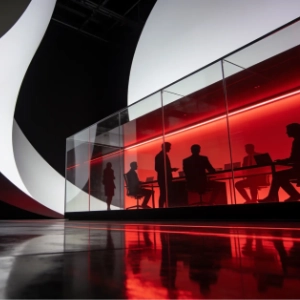 Ein moderner, minimalistischer Konferenzraum mit Glaswänden wird von einem leuchtend roten Licht erhellt, das dramatische Schatten wirft. Im Inneren sind die Silhouetten von Menschen zu erkennen, die um einen Tisch versammelt sind, was darauf hindeutet, dass gerade eine Besprechung stattfindet. Die Raumgestaltung ist schlicht, der dunkle Boden reflektiert das rote Licht. Links dominiert eine große, abstrakte, geschwungene Struktur in Schwarz und Weiß den Hintergrund und bildet einen auffälligen Kontrast zum intensiven Rot des Konferenzraums. Die Gesamtatmosphäre ist elegant, futuristisch und intensiv.
