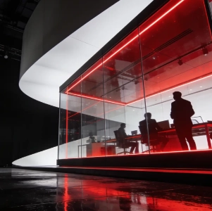 Ein moderner, minimalistischer Konferenzraum mit Glaswänden, die von leuchtend roten Neonlichtern beleuchtet werden. Im Inneren sind die Silhouetten von drei Geschäftsleuten zu sehen, die an einem Tisch eine Besprechung abhalten. Der Raum ist vor einem dunklen, abstrakten Hintergrund angesiedelt, links davon befindet sich ein geschwungenes weißes architektonisches Element. Der Boden ist spiegelnd und reflektiert das rote Licht sowie die Innenausstattung des Raums.