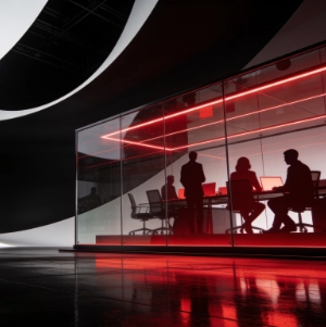 Ein moderner, minimalistisch gestalteter Konferenzraum mit Glaswänden wird von leuchtend roten Neonlichtern erhellt. Die Silhouetten von Menschen sitzen um einen Tisch herum, ihre Umrisse sind vor dem hellen Hintergrund kaum zu erkennen. Das schlichte Design des Raums wird durch den spiegelnden Boden und den dramatischen Kontrast zwischen Licht und Schatten unterstrichen.