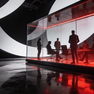 Eine Gruppe von Geschäftsleuten, deren Silhouetten zu erkennen sind, hat sich in einem modernen, von roten Lichtern beleuchteten Konferenzraum mit Glaswänden versammelt. Der Raum ist mit einem großen Tisch und Stühlen ausgestattet, und die Personen scheinen gerade in einer Besprechung zu sein. Im Hintergrund ist ein großes, abstraktes Schwarz-Weiß-Grafikdesign zu sehen, das auf eine gewölbte Fläche projiziert wird. Der Boden ist dunkel und reflektierend und spiegelt die Szene darüber wider.