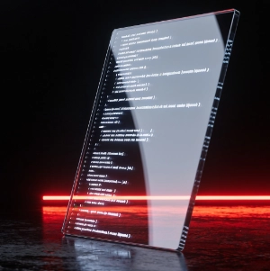 Auf einem transparenten, rechteckigen Tablet sind weiße Codezeilen vor einem dunklen, reflektierenden Hintergrund zu sehen. Hinter dem Tablet verläuft horizontal ein leuchtend rotes Neonlicht, das die Ränder des Tablets und die darunterliegende Fläche in ein sanftes Licht taucht. Das Tablet ist schräg ausgerichtet, wobei seine Oberkante leicht vom Betrachter weg geneigt ist. Der Hintergrund ist dunkel und unscharf, wodurch das Tablet und das rote Licht besonders hervorgehoben werden.