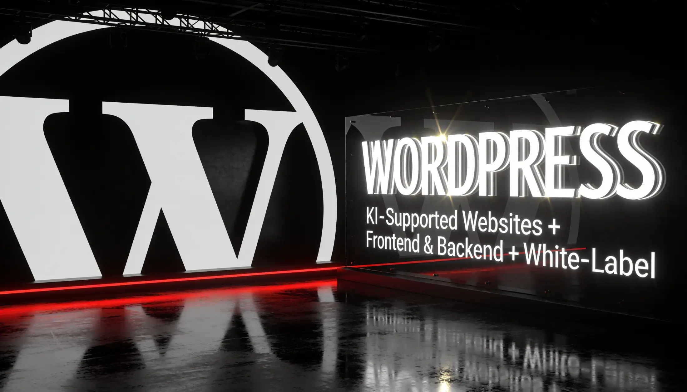 Auf einer dunklen, spiegelnden Bühne ist links ein großes, weißes, stilisiertes „W“-Logo zu sehen, vor dem horizontal ein roter Neonlichtstreifen verläuft. Rechts ist das Wort „WORDPRESS“ in großen, beleuchteten weißen Buchstaben zu lesen, darunter steht in kleinerer Schrift „KI-gestützte Websites + Frontend & Backend + White-Label“. Der Boden ist hochglanzpoliert und reflektiert die Logos und die Beleuchtung, wodurch eine dramatische und moderne Wirkung entsteht.
